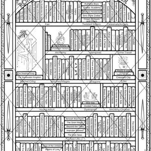 Könnte beinhalten: Ein schwarz-weißer Romantasy-Buch-Tracker mit 150 Titeln zum Ausmalen. Die Titel sind auf Regalen mit Kategorien wie Fae, Vampire und Drachen angeordnet. Das Design umfasst Schwerter und dekorative Elemente.