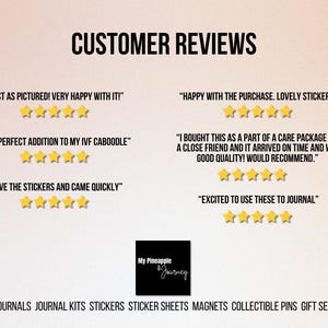 May include: Customer reviews for a sticker shop called "My Pineapple Journey". The reviews are positive and include phrases like "Just as pictured! Very happy with it!" and "Love the stickers and came quickly".