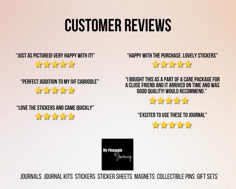May include: Customer reviews for a sticker shop called "My Pineapple Journey". The reviews are positive and include phrases like "Just as pictured! Very happy with it!" and "Love the stickers and came quickly".