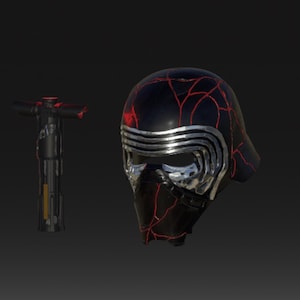 Puede incluir: Un casco negro con grietas rojas y una máscara facial plateada. Una empuñadura de sable de luz negra con un botón rojo.
