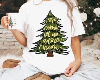 Hand Lettered Christmas Tree PNG, Cute Christmas PNG, "Come Let Us Adore Him" PNG