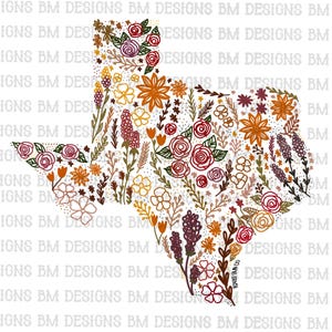 Fall Colored Texas State Made Of Flowers PNG, Cute Hand Drawn Texas PNG, Texas Floral Design