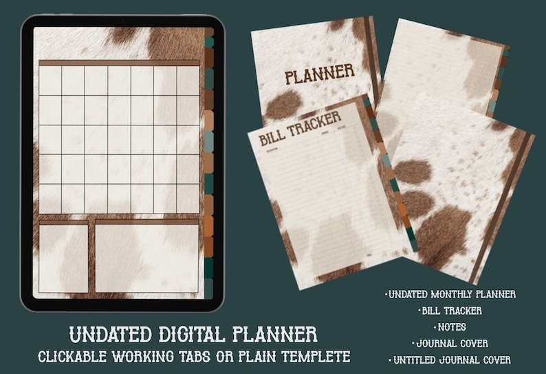 Cowhide Goodnotes Digital Planner, Cute Western Planner, Digital
