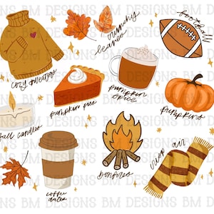 May include: An illustration of autumn-themed icons, including a cosy sweater, pumpkin spice latte, pumpkin pie, autumn candles, a bonfire, a football, a scarf, and a coffee date. The icons are surrounded by stars and leaves.