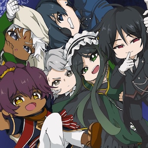 May include: A group of seven anime-style characters with large eyes and various hair colors, including black, purple, and white. They are dressed in a mix of formal and casual attire, with some holding utensils. The background is a dark blue with a white pattern.