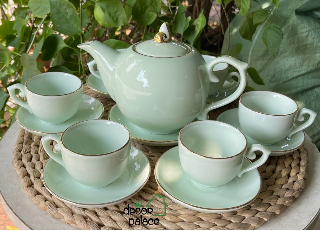 Luxury European Ceramic Turquoise Teapot Set With 6 Cups and Saucers