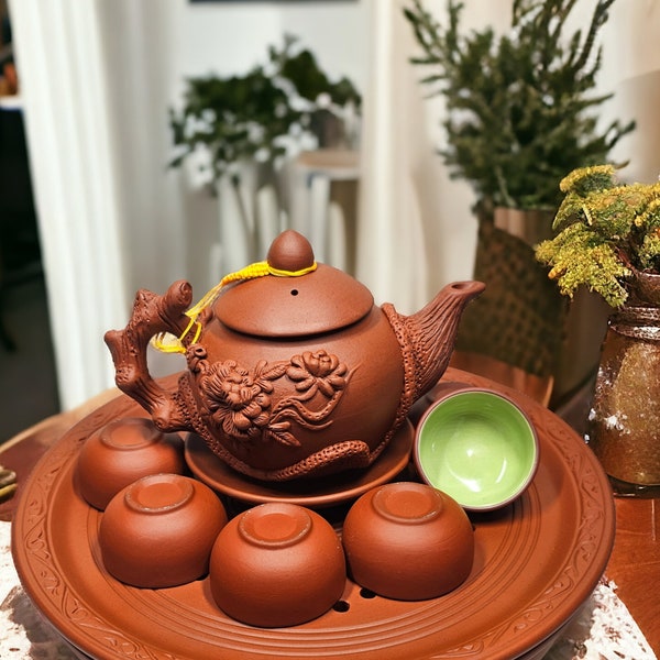 Chrysanthemum Flower Teapot Set 1 Teapot, 1 Pot Saucer, 6 Emeral Cups, 1 Tray | High Quality Terracotta Clay| Ready-To-Gift For Mother's Day