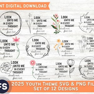 Tema dos Jovens SUD 2025 "Buscai-me em cada pensamento" Doutrina e Convênios 6:36 SVG e png [Download digital] Conjunto com 12 designs diferentes!
