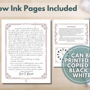 May include: Two pages of a printable document with text and decorative borders. The text includes instructions and a letter. The document is designed for low ink printing and can be copied in black and white.
