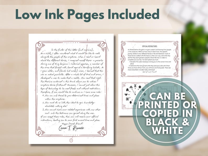 May include: Two pages of a printable document with text and decorative borders. The text includes instructions and a letter. The document is designed for low ink printing and can be copied in black and white.