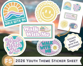 2026 LDS Retro Youth Theme Stickers "Walk with Me" Moses 6:34 (STICKER SHEET with 5 Stickers)