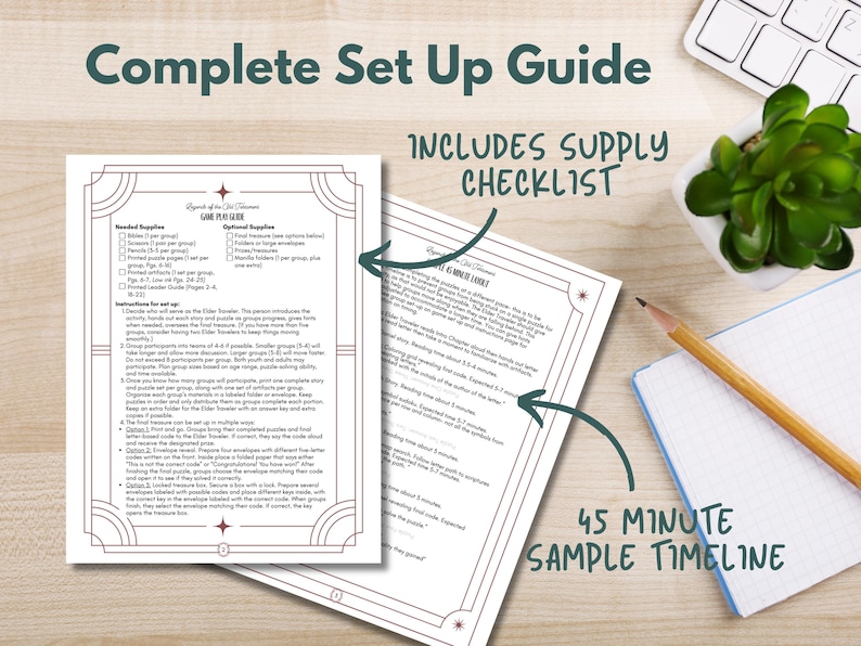 May include: A complete setup guide with the text "Complete Set Up Guide" and "Includes Supply Checklist". The guide is on a wooden surface with a plant, pencil, and notepad. The guide includes a 45-minute sample timeline.