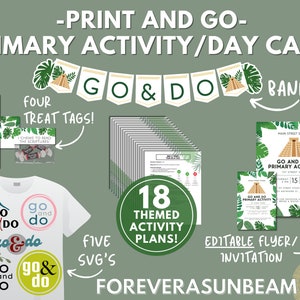 May include: A green and white printable activity pack for primary children with a jungle theme. The pack includes 18 themed activity plans, four treat tags, five SVGs, a banner, and an editable flyer or invitation. The text "Go and Do" is featured throughout the pack.