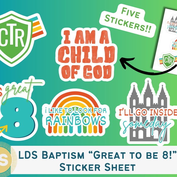 LDS Baptism "Great to be 8!" Vinyl Sticker Sheet with 5 Stickers!