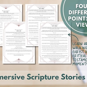 May include: Four printed pages with text, featuring a decorative border and a stylized sunburst design. The pages are arranged on a light brown surface. Text on the image reads "FOUR DIFFERENT POINTS OF VIEW" and "Immersive Scripture Stories."