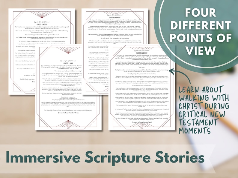 May include: Four printed pages with text, featuring a decorative border and a stylized sunburst design. The pages are arranged on a light brown surface. Text on the image reads "FOUR DIFFERENT POINTS OF VIEW" and "Immersive Scripture Stories."