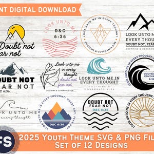 Tema dos Jovens SUD 2025 "Buscai-me em cada pensamento" Doutrina e Convênios 6:36 SVG e png [Download digital] Conjunto com 12 designs diferentes!
