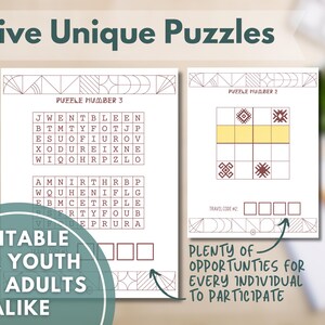 May include: Two open puzzle pages with the text "Five Unique Puzzles." One page features a word search, the other a grid-based puzzle. Text on the image reads "Suitable for Youth and Adults Alike."