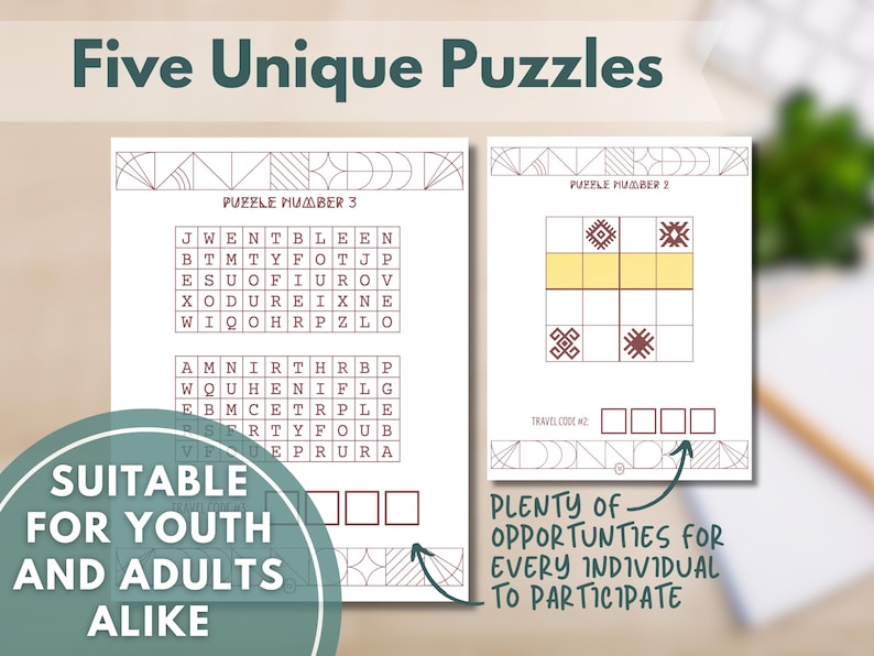 May include: Two open puzzle pages with the text "Five Unique Puzzles." One page features a word search, the other a grid-based puzzle. Text on the image reads "Suitable for Youth and Adults Alike."