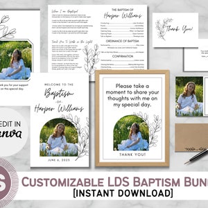 May include: A customizable LDS baptism bundle with editable templates for a baptism ceremony. The bundle includes a welcome sign, a thank you sign, a program, and a thank you card. The templates feature a floral design and a photo of a young girl in a white dress.