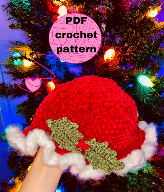 Claus Red Christmas Hat With Holly Leaf Crochet Pattern for