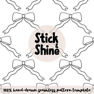 Puede incluir: Un patrón repetido de lazos y cintas dibujados a mano en blanco y negro. Las palabras "Stick & Shine" están en el centro, con el texto "100% plantilla de patrón sin costuras dibujada a mano" en la parte inferior.
