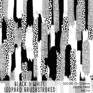 May include: Digital paper with a repeating pattern of black, white, and silver brushstrokes. The design includes leopard print accents and the text "BLACK & WHITE LEOPARD BRUSHSTROKES". The paper is 12x12 inches.