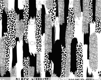 Glitter Brushstroke Leopard Print Digital Paper: Black, White & Silver (12x12 PNG File)