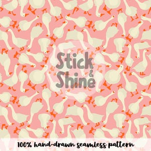 May include: A seamless pattern featuring white geese with orange feet and beaks scattered across a pink background. The text "Stick & Shine" is overlaid on the pattern, with the words "100% hand-drawn seamless pattern" at the bottom.