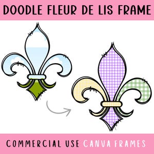 May include: Two black and white outline fleur-de-lis frames. One frame is filled with a blue and white cloud pattern. The other frame is filled with a purple, yellow, and green plaid pattern. The text "COMMERCIAL USE CANVA FRAMES" is at the bottom of the image.