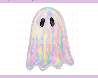 Schillerndes Pastell-Halloween-PNG-Sublimationsdesign, rosafarbener Glitzer-Coquette-Geist-Design, niedliches Halloween Clipart, Regenbogen-irisierender Clipart