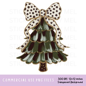 Brushstroke Christmas Tree With Coquette Red Bow PNG File, Messy Paint Strokes Holiday Sublimation Designs, Gold Glitter Outline Clipart