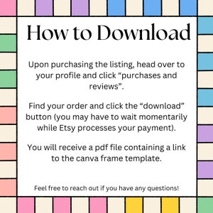 Puede incluir: Un gr&aacute;fico colorido con instrucciones sobre c&oacute;mo descargar un producto digital comprado en Etsy. El texto dice "C&oacute;mo descargar" e incluye pasos sobre c&oacute;mo encontrar tu pedido y descargar el archivo.