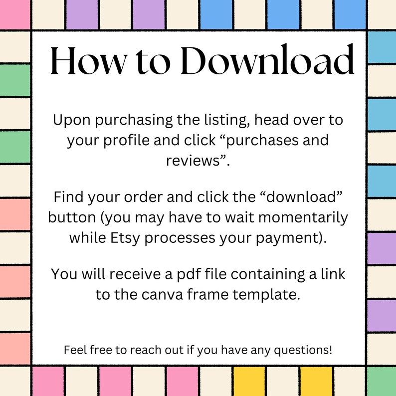 Puede incluir: Un gr&aacute;fico colorido con instrucciones sobre c&oacute;mo descargar un producto digital comprado en Etsy. El texto dice "C&oacute;mo descargar" e incluye pasos sobre c&oacute;mo encontrar tu pedido y descargar el archivo.