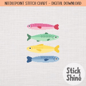May include: Digital needlepoint stitch chart featuring four pixelated fish in pink, green, yellow, and blue. The fish are arranged vertically against a textured, off-white background. The text "NEEDLEPOINT STITCH CHART - DIGITAL DOWNLOAD" is at the top.
