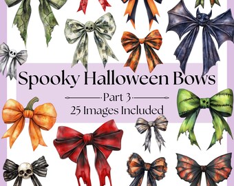 Coquette Halloween Bow Clipart Bundle Pt. 3 PNG Sublimation Designs, Spooky Gothic Bows, Ghost, Zombie, Pumpkin, Skull, Vampire, Bloody Bow