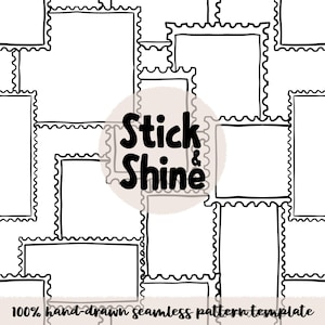 Puede incluir: Patrón sin costuras en blanco y negro con formas rectangulares repetidas con bordes festoneados. El texto "Stick & Shine" está en el centro, con las palabras "100% hand drawn seamless pattern template" en la parte inferior.
