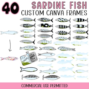 Op de afbeelding: Illustratie met 40 sardinevisontwerpen in verschillende stijlen, waaronder een blikje sardines. De tekst luidt "Sardine Fish Custom Canva Frames" en "Commercial Use Permitted". Het getal "40" is vetgedrukt.