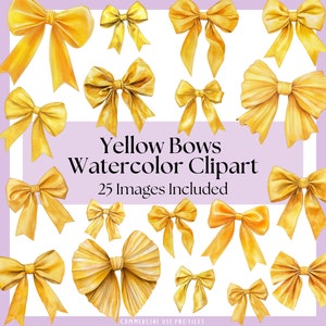 Yellow Bows Watercolor Clipart Bundle PNG Sublimation Designs, Coquette Bow, Game Day Bow File, Cute Girly Clipart Pack, Junk Journal Files