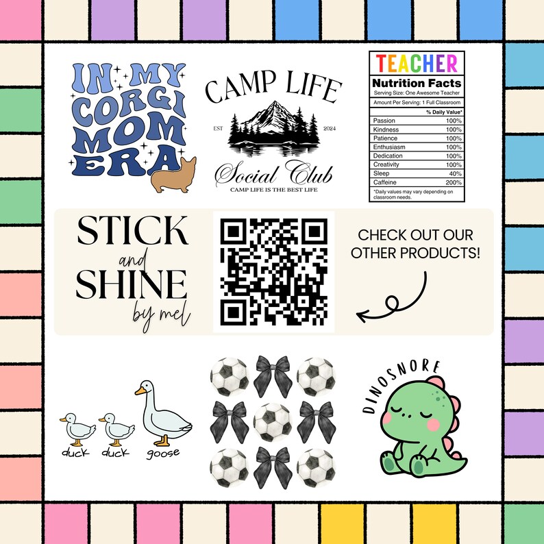 Puede incluir: Una ilustraci&oacute;n colorida de un dise&ntilde;o de tem&aacute;tica de campamento con una variedad de im&aacute;genes, incluyendo un corgi, un ganso, un dinosaurio, un bal&oacute;n de f&uacute;tbol y un c&oacute;digo QR. El texto "Camp Life Social Club" aparece en la imagen.
