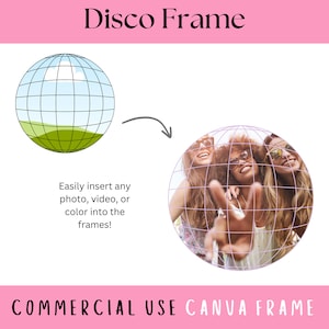 Puede incluir: Un marco digital con un diseño de bola de discoteca. El marco se muestra con una foto de tres mujeres sonriendo y haciendo señales de paz. El texto "COMMERCIAL USE CANVA FRAME" está en la parte inferior de la imagen.