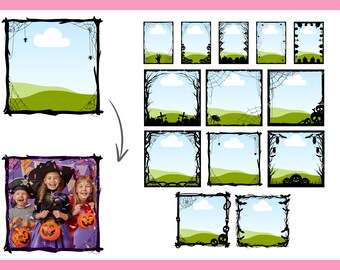 May include: A collection of Halloween-themed Canva frames. The frames feature black borders with spiderwebs, trees, and pumpkins. The image includes a photo of children in costumes holding jack-o'-lanterns. Text reads "Halloween Frames" and "Commercial Use Canva Frames."