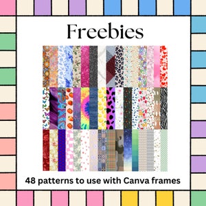 Puede incluir: Un collage digital de 48 patrones coloridos, perfecto para usar con marcos de Canva. Los patrones incluyen formas geom&eacute;tricas, dise&ntilde;os florales y arte abstracto.