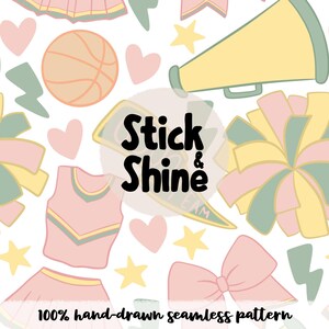 Puede incluir: Patrón sin costuras con elementos de animadora en colores pastel. Incluye una pelota de baloncesto, un megáfono, pompones, estrellas, corazones y un uniforme. El texto "Stick & Shine" está en el centro, con el texto "100% patrón sin costuras dibujado a mano" en la parte inferior.