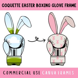 Modello modificabile con cornice Canva per guantoni da boxe con orecchie da coniglio pasquale Coquette, clipart con nastro sportivo per pugili pasquali preppy, crea il tuo file PNG