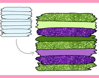 May include: A digital graphic of a horizontal brushstroke outline frame. The frame is made up of six layers of green, purple, and light green glitter. The frame is outlined in black.