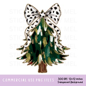Brushstroke Christmas Tree With Coquette Bow PNG File, Messy Paint Strokes Holiday Sublimation Designs, Gold Glitter Outline Clipart