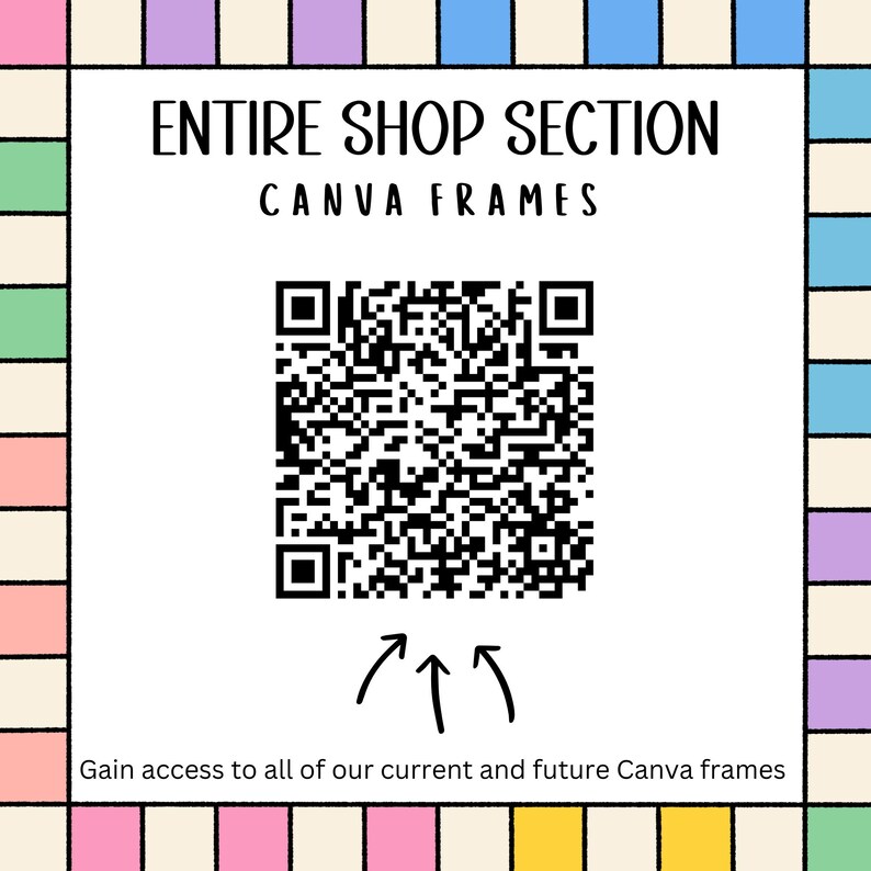 Pu&ograve; includere: Una grafica bianca con il testo "ENTIRE SHOP SECTION CANVA FRAMES" e un codice QR. Sotto il codice QR ci sono tre frecce rivolte verso l'alto. Il testo "Gain access to all of our current and future Canva frames" &egrave; in basso.