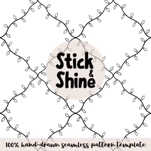 Puede incluir: Una plantilla de patrón sin costuras dibujada a mano con un diseño repetido de luces de cadena negras sobre un fondo blanco. El texto "Stick & Shine" está centrado, en negrita y en negro. La frase "100% hand-drawn seamless pattern template" está en la parte inferior.