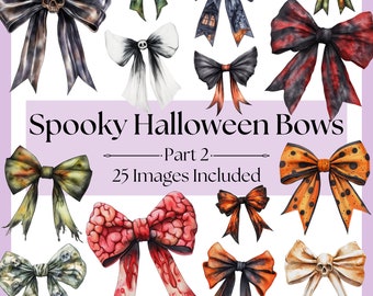 Coquette Halloween Bow Clipart Bundle Pt. 2 PNG Sublimation Designs, Spooky Gothic Bows, Ghost, Zombie, Pumpkin, Skull, Vampire, Bloody Bow